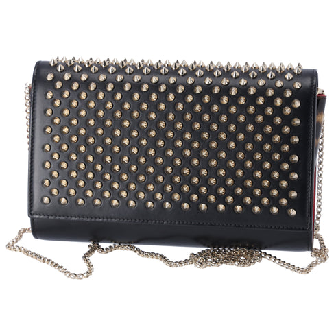 Christian Louboutin Paloma Clutch Crossbody Black Leather Leopard Studded